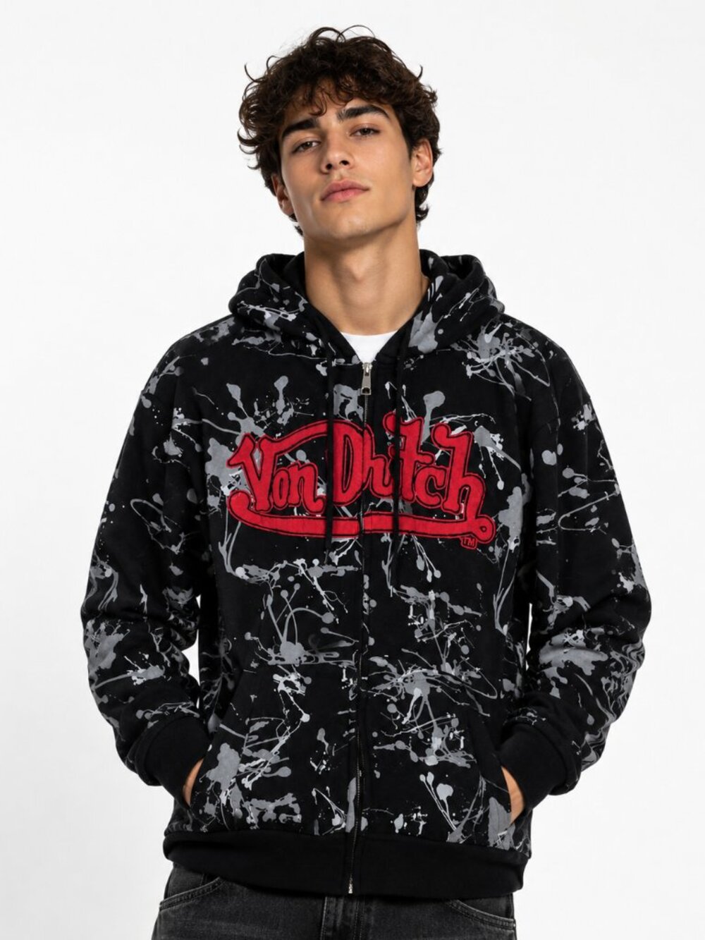 Von Dutch Black Paint Splatter Zip-Up Hoodie Jacket Graphic Logo Streetwear